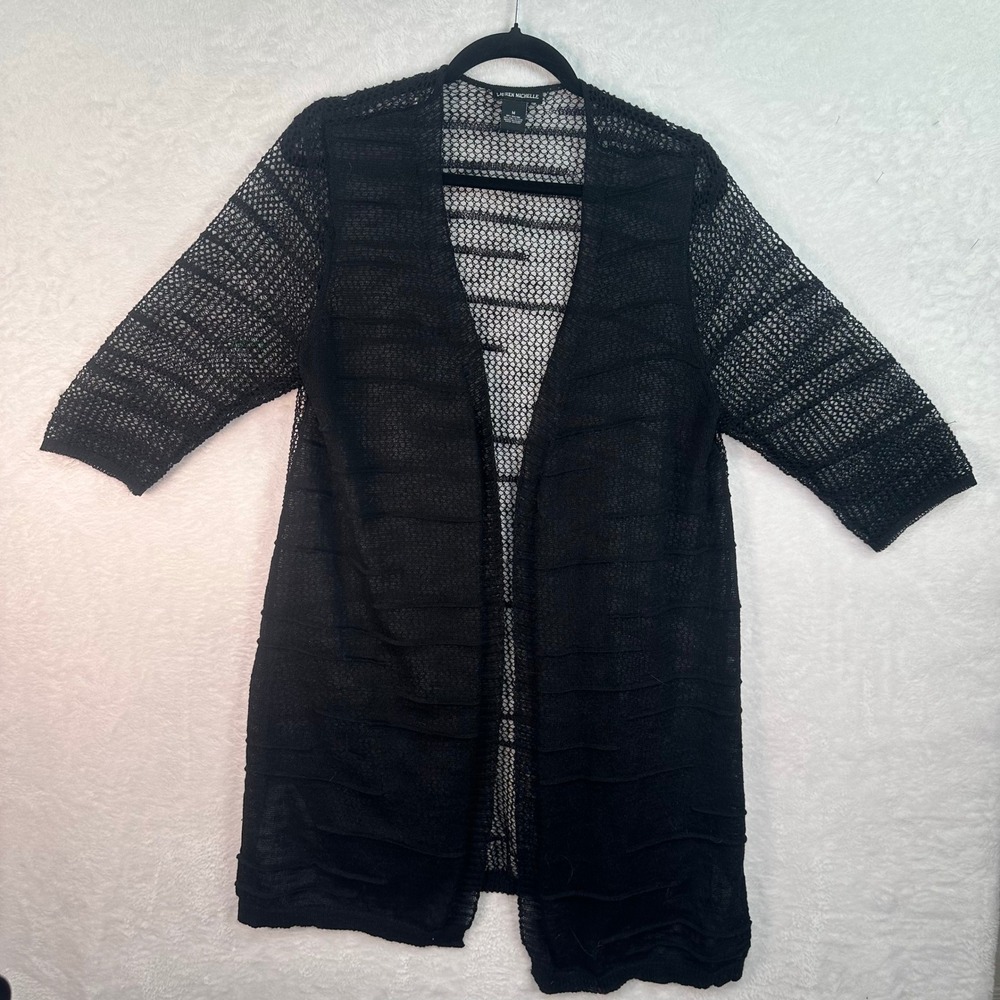 Lauren Michelle Cardigan Women‎ M Black Open Front Mesh Knit Sheer Lightweight